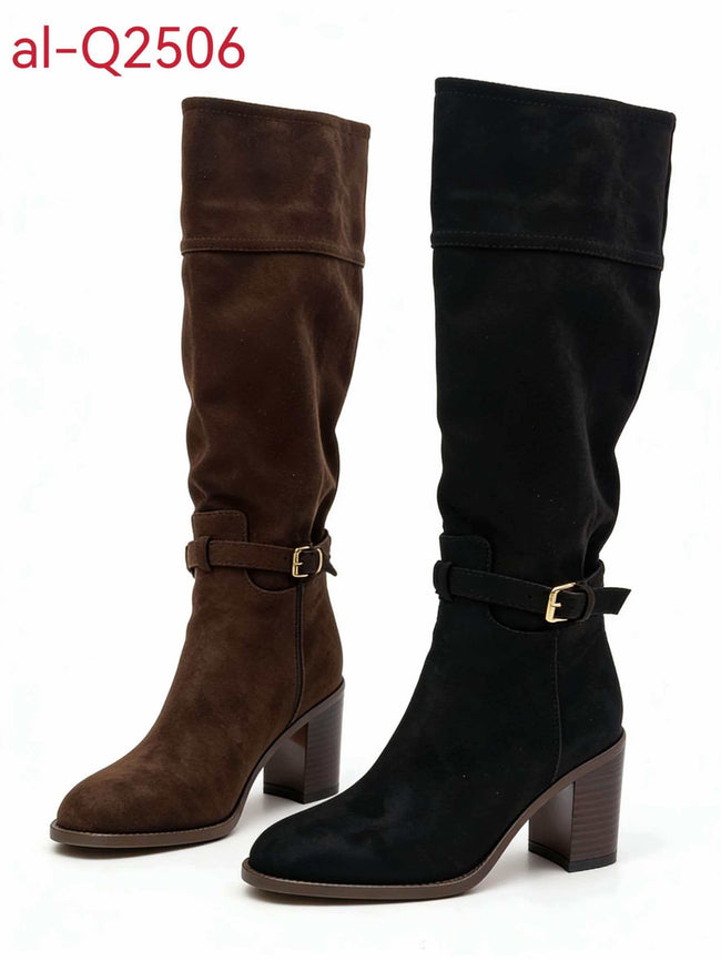 Square-toe mid-calf boots with chunky heels （AL-Q2506）
